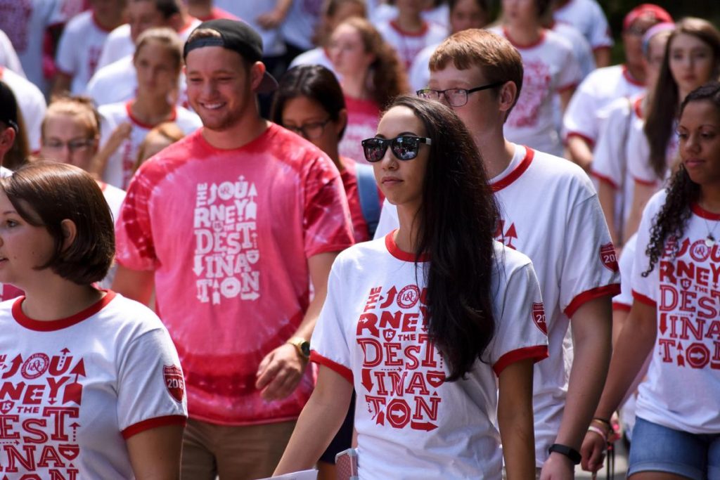 Photo Caption: New students and their resident assistants make their way to Myles Center for the Arts Harper-McNeeley Auditorium for the time-honored Matriculation Convocation.