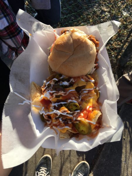 The nachos and pulled pork together