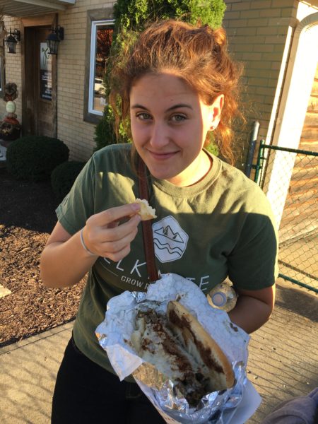 Grayson enjoying the massive cheese steak